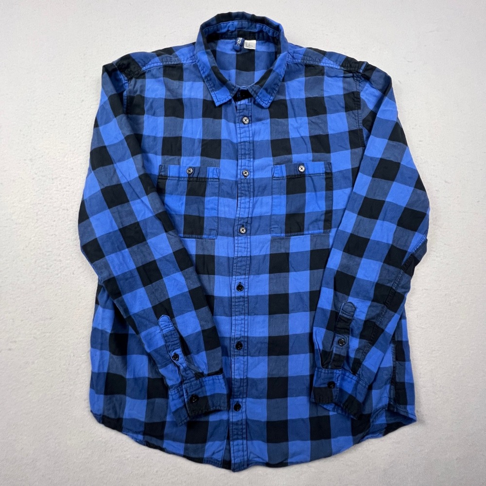 H&M Divided Flannel Shirt Mens XL‎ Blue Black Buffalo Plaid Button Down Casual